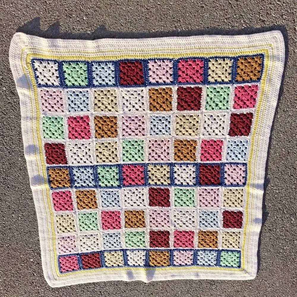 Vintage Granny Square Crochet Knit Afghan Throw Blanket Multicolor Border 4x4 ft - Picture 4 of 11